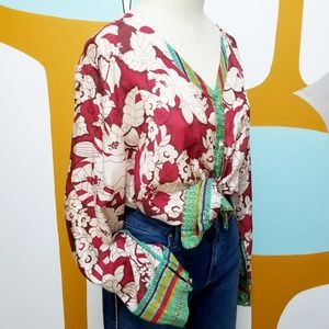 Johnny Was Cranberry and Turquoise Silk Top